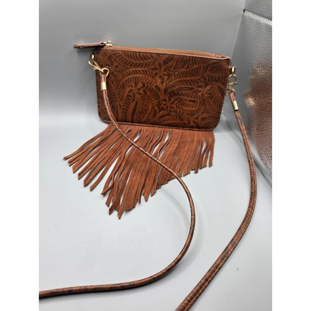 Scully Brown Tooled Leather Crossbody Bag Floral Fringe Western Boho Purse